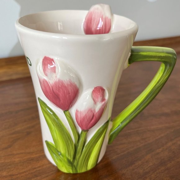 Pivera Vintage Tulip Mug "Holland" | Pink Flowers 3D Dutch Hand-Painted Easter - Picture 1 of 15